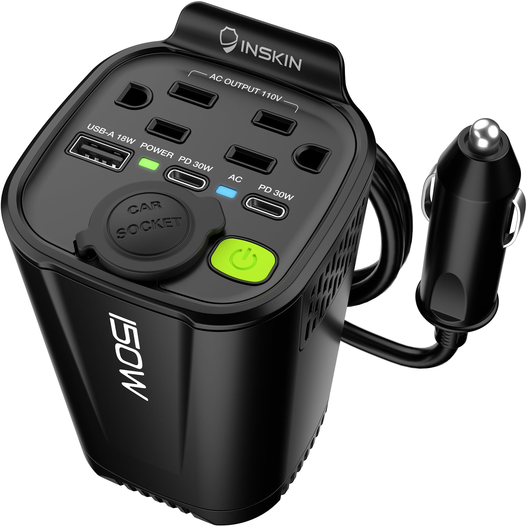 Inskin 150W Car Power Inverter, Cup Holder DC 12V to 110V